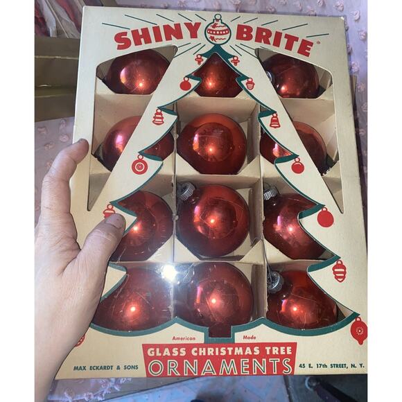 Vintage Shiny Brite Ornaments Red With Original Box - Picture 2 of 9